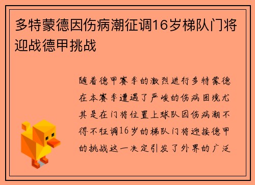 多特蒙德因伤病潮征调16岁梯队门将迎战德甲挑战